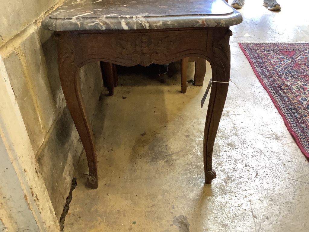 A French oak marble topped occasional table, width 62cm, depth 40cm, height 48cm